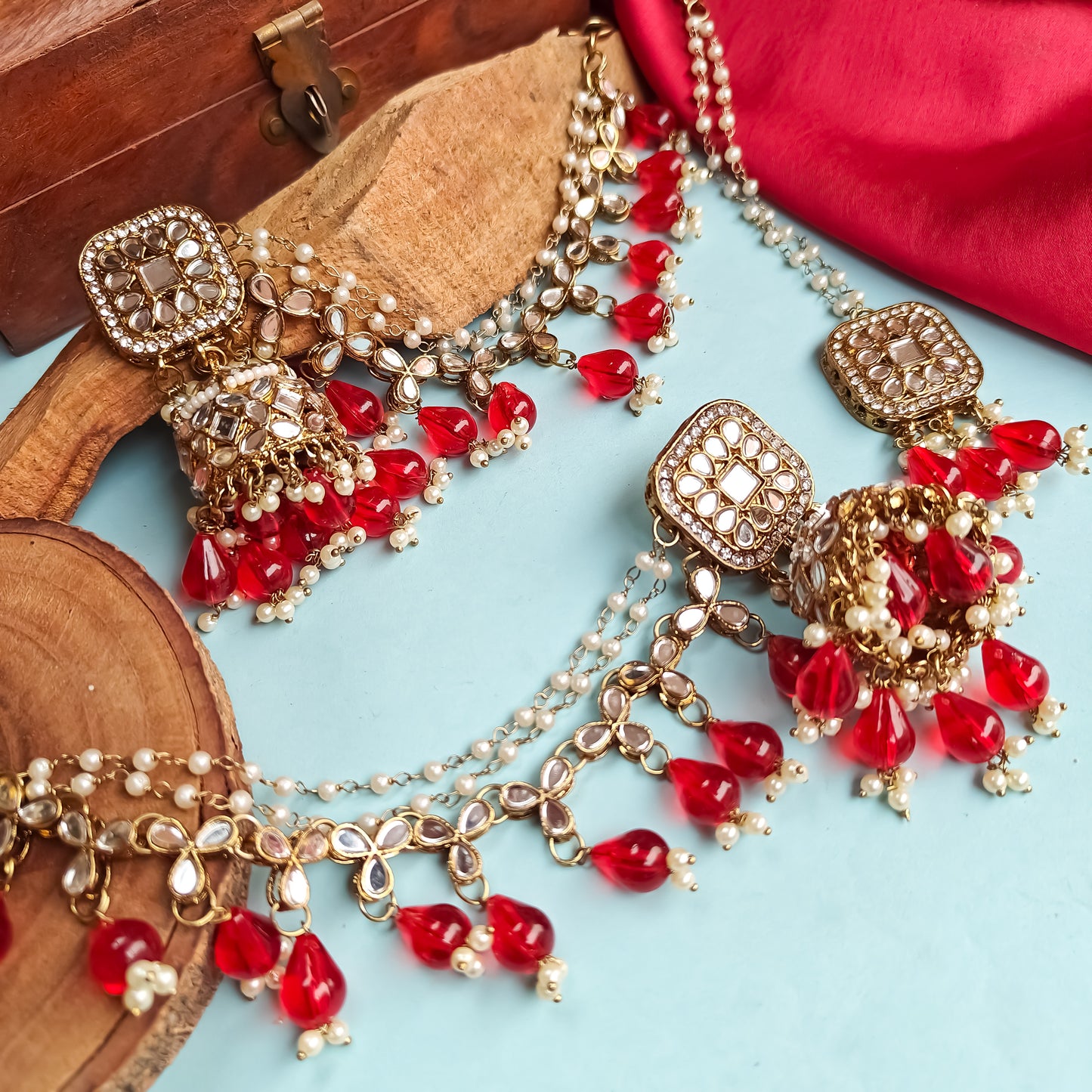 Mohika Mirror Jhumka Earrings with Sahara & Tika Set - Red