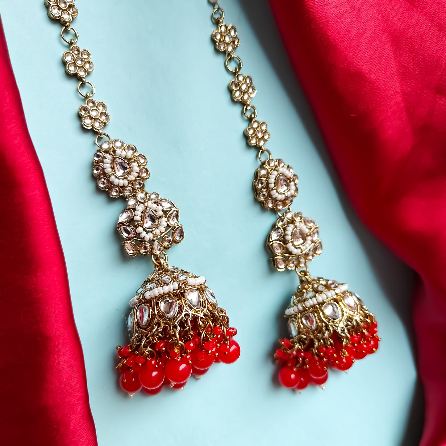 Preeta Kundan Jhumka Earrings with Earchain / Sahara - Red