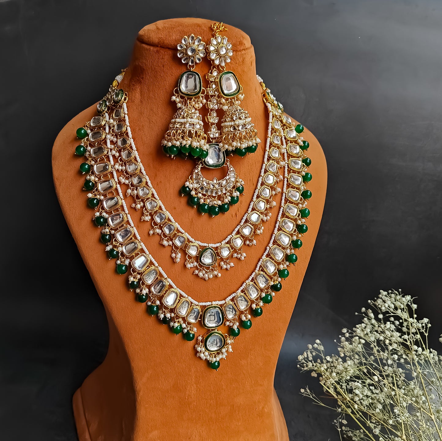 Deep Double layer Kundan Necklace Set Green