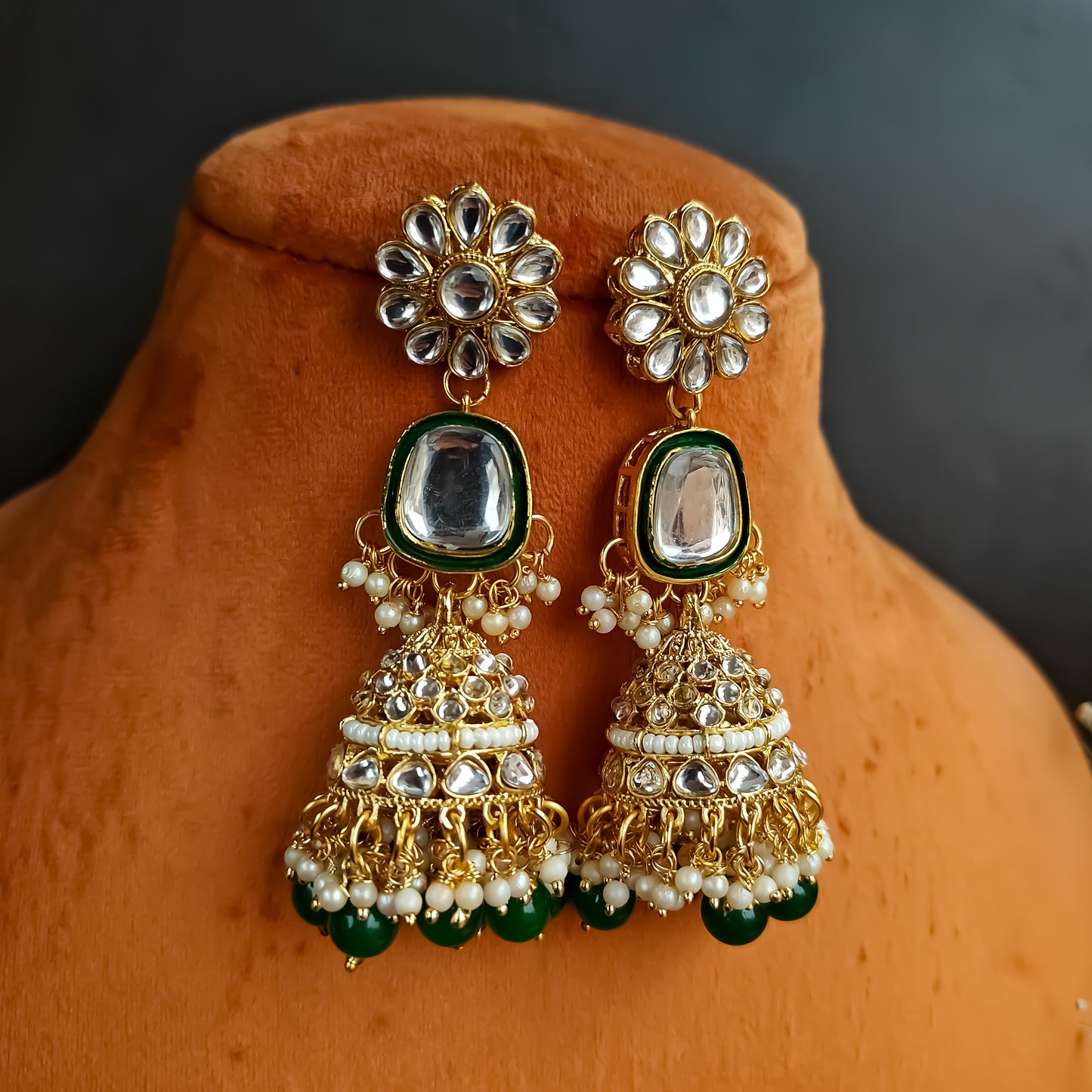 Deep Double layer Kundan Necklace Set Green