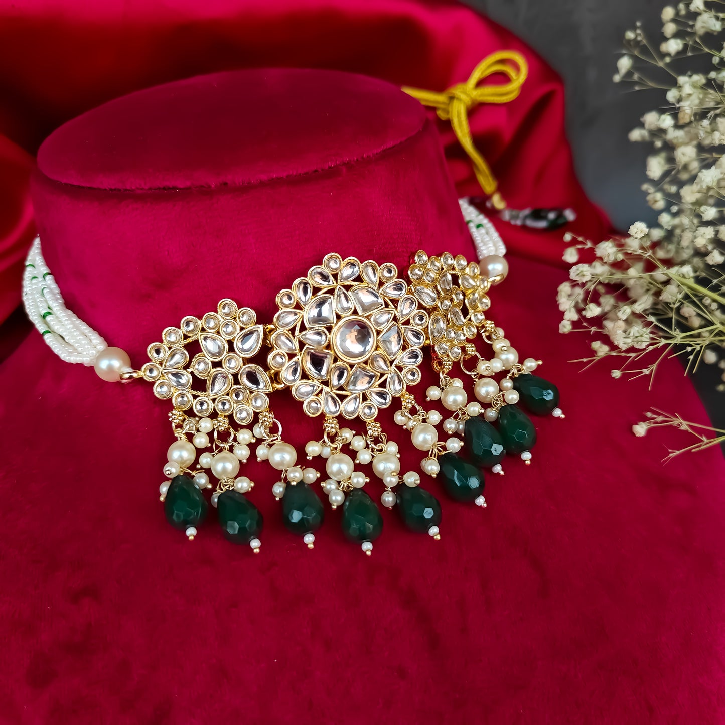 Amber Dabi Kundan Necklace Set - Green