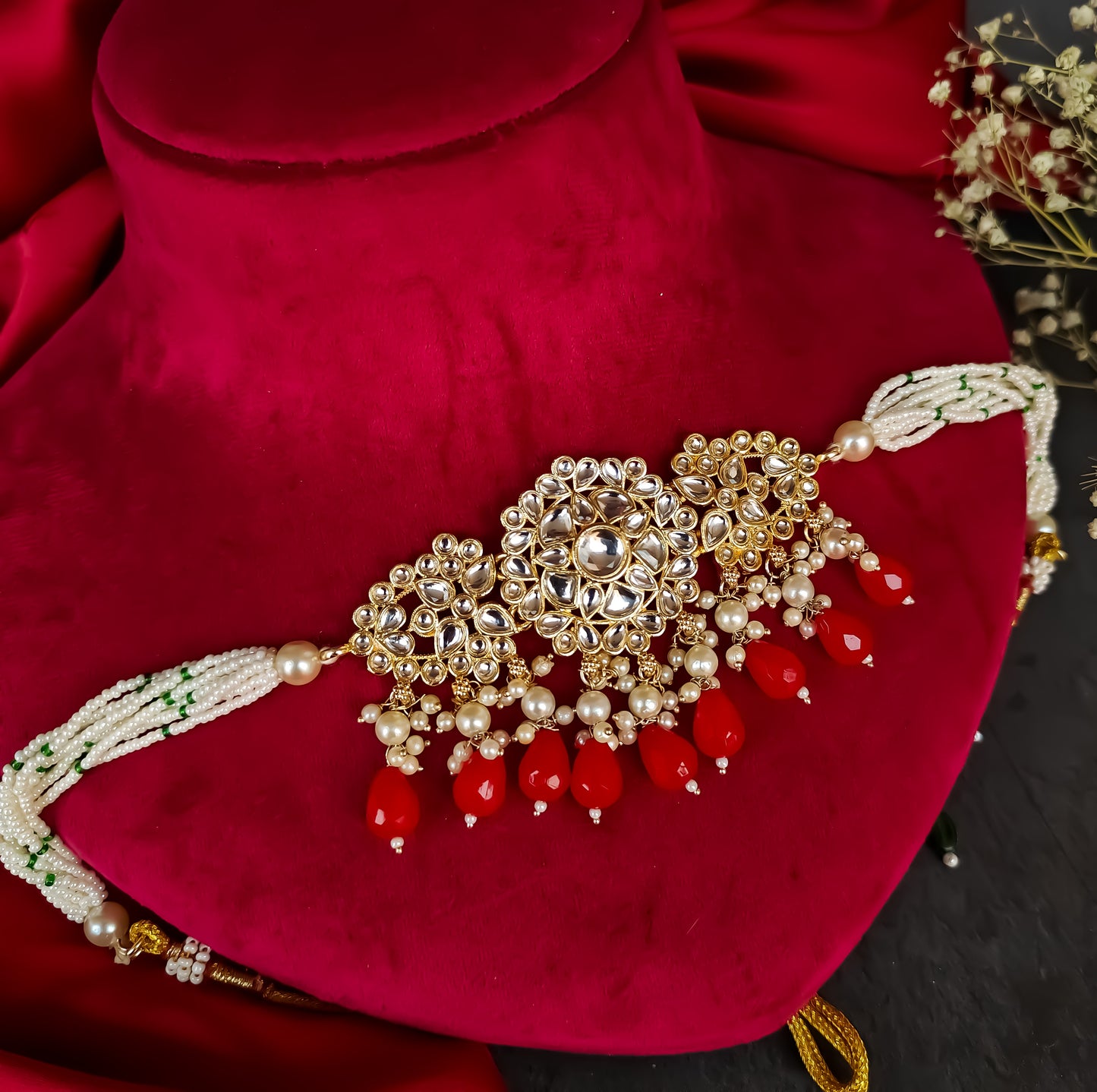 Amber Dabi Kundan Necklace Set - Red