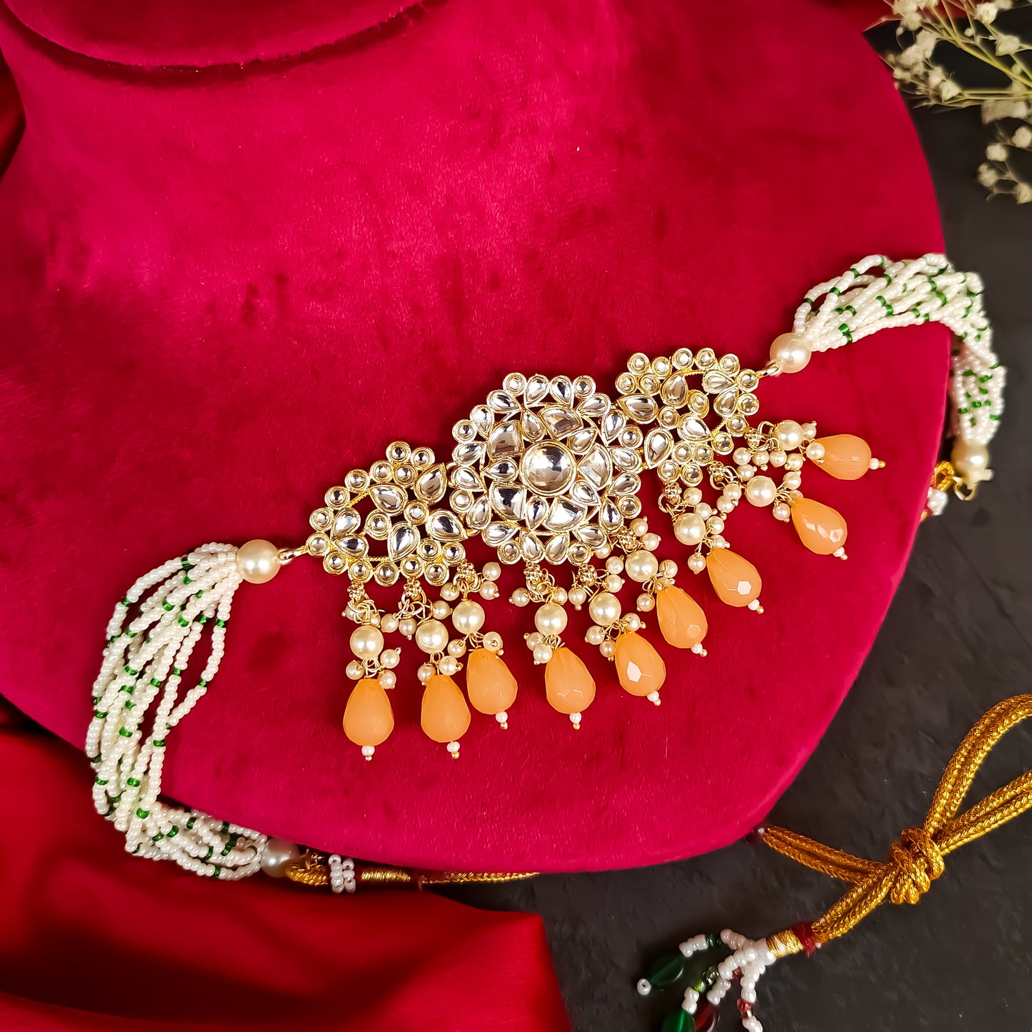 Amber Dabi Kundan Necklace Set - Peach
