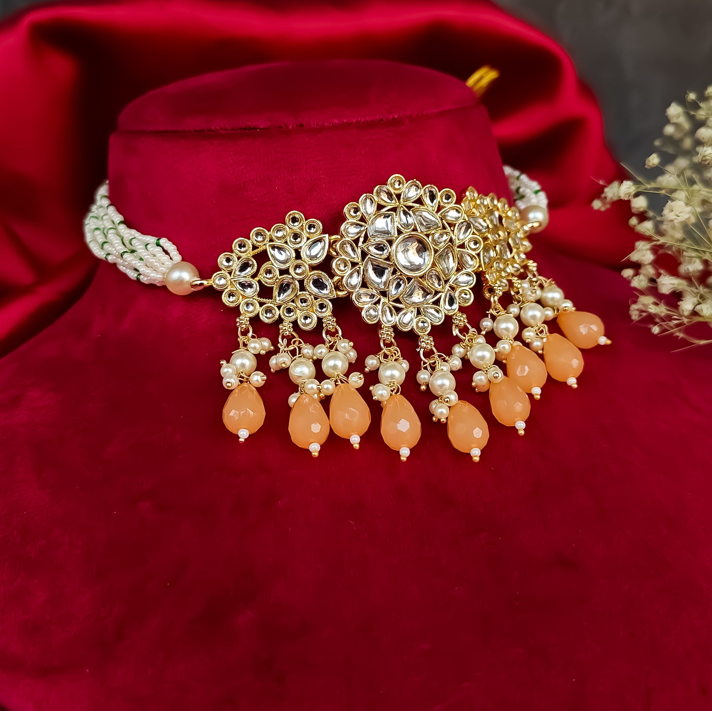 Amber Dabi Kundan Necklace Set - Peach