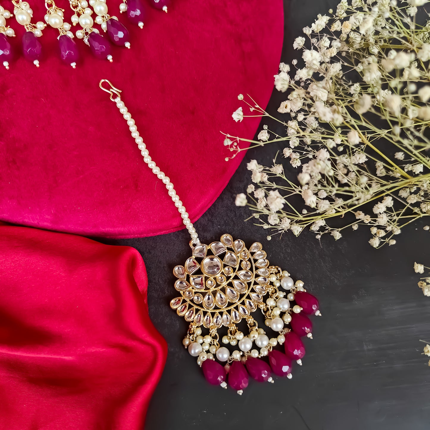 Amber Dabi Kundan Necklace Set - Wine