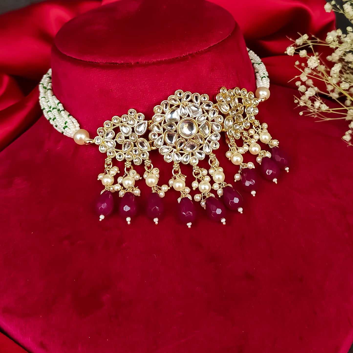 Amber Dabi Kundan Necklace Set - Wine