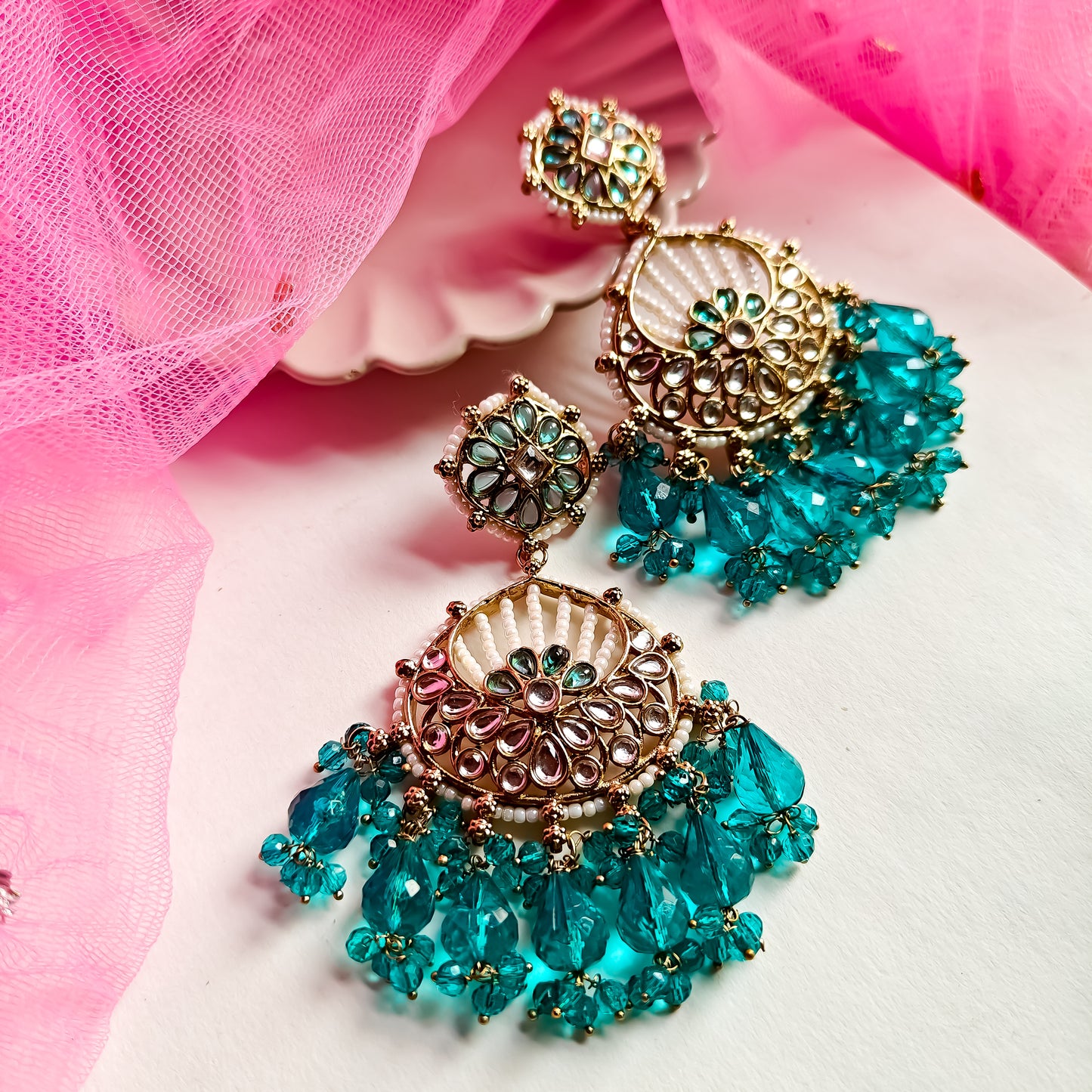 Kesar Chandbali Earrings - Firozi