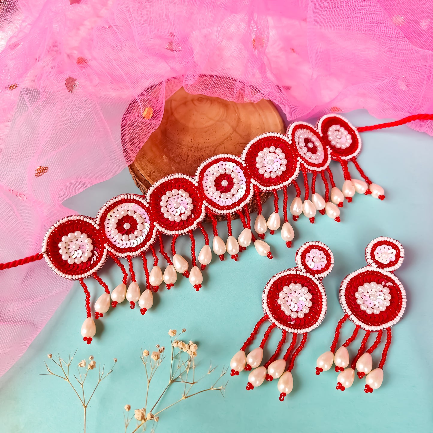 Serah Hand Embroidered Necklace set- Red