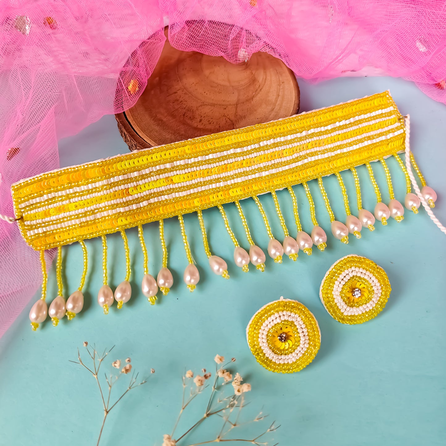 Haldi Hue Embroidered Necklace set - Yellow