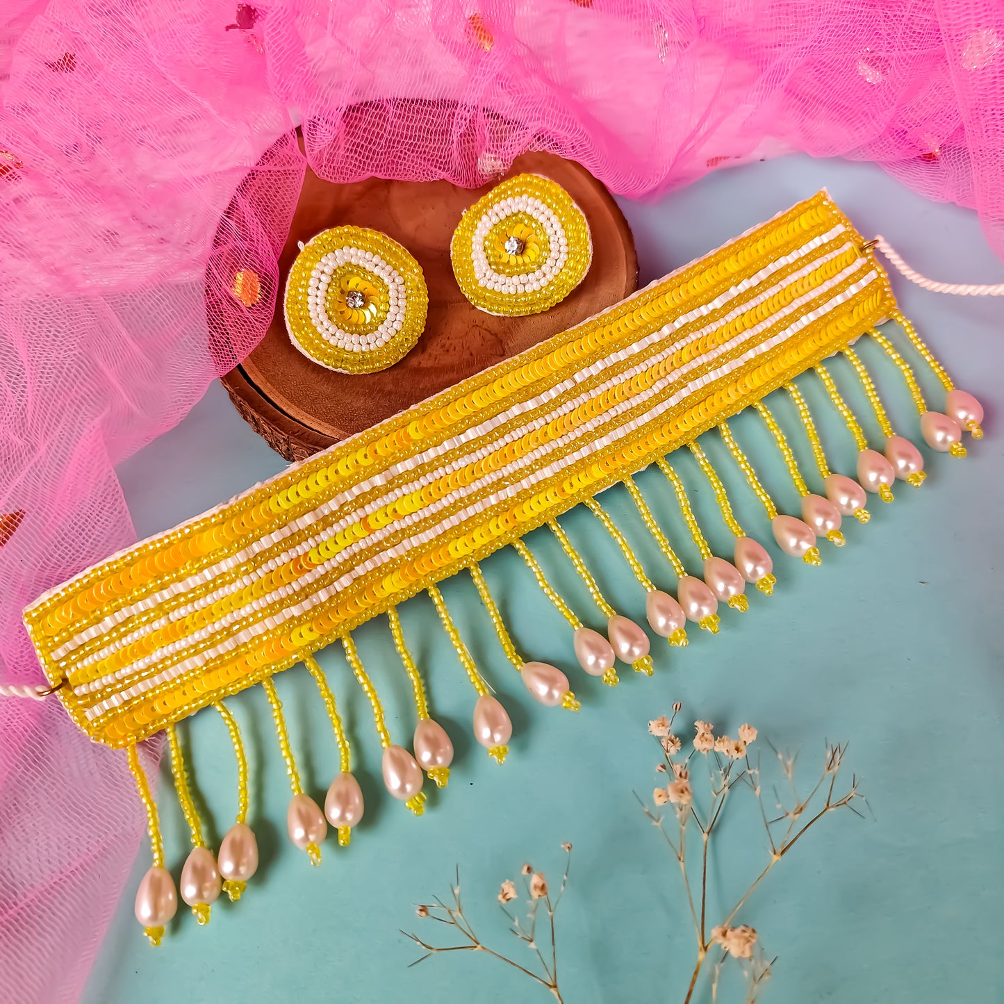 Haldi Hue Embroidered Necklace set - Yellow