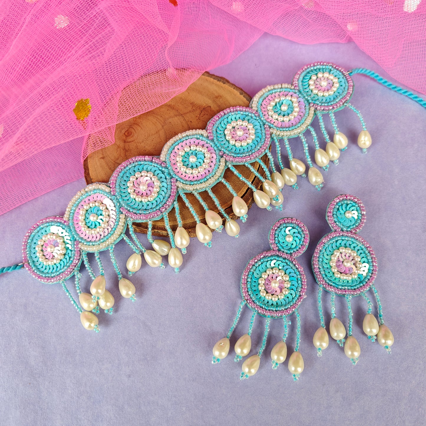 Serah Hand Embroidered Necklace set- Sky Blue