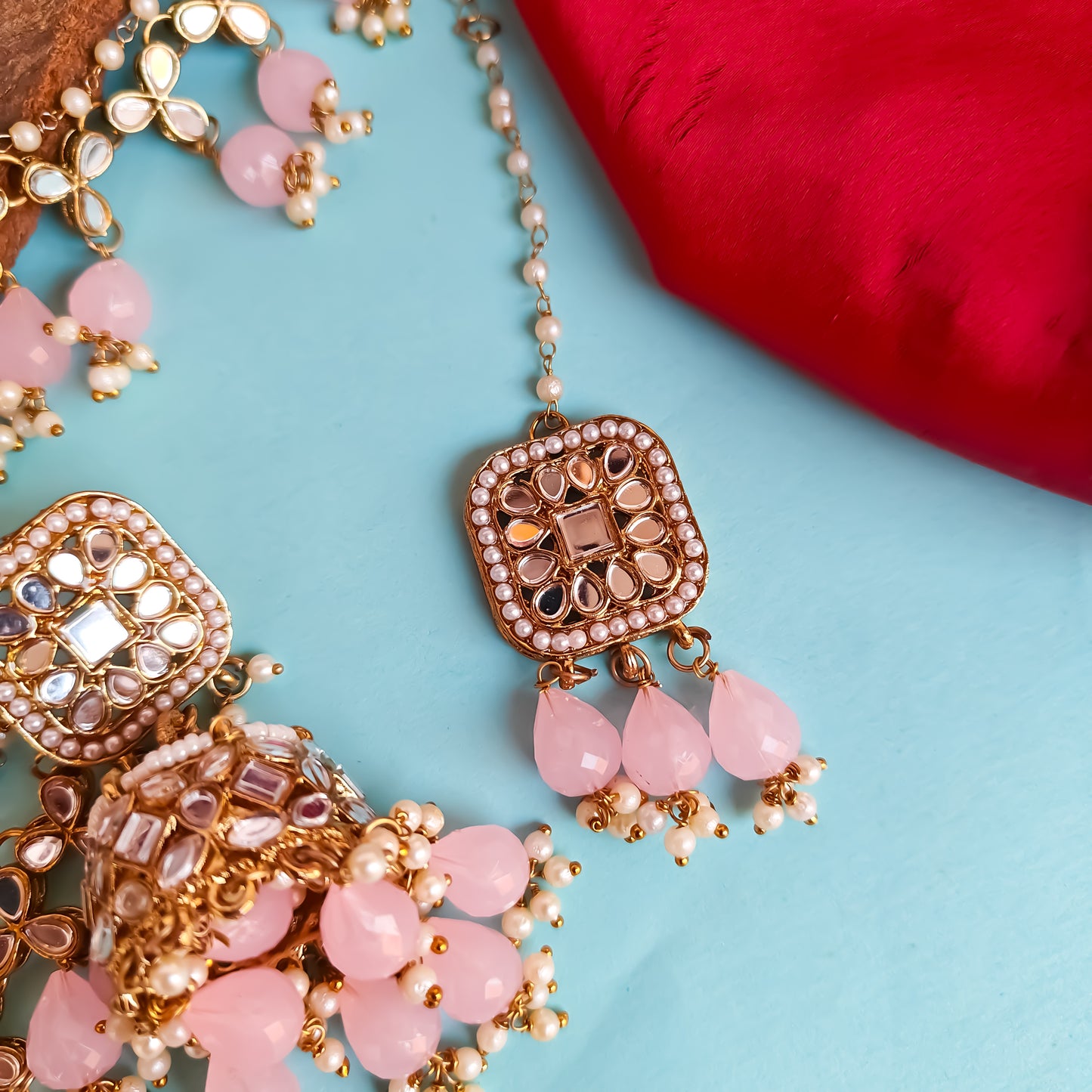 Mohika Mirror Jhumka Earrings with Sahara & Tika Set - Baby Pink