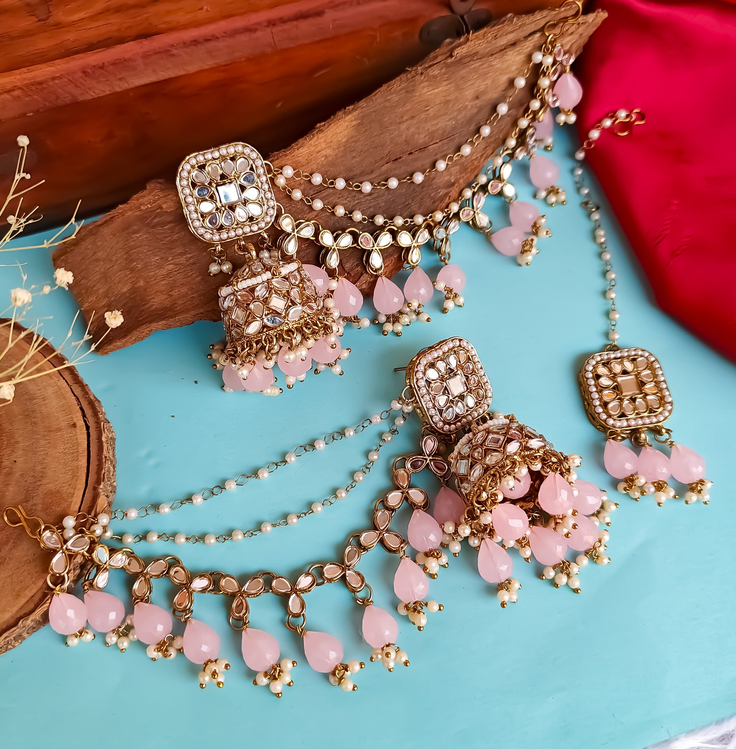 Mohika Mirror Jhumka Earrings with Sahara & Tika Set - Baby Pink