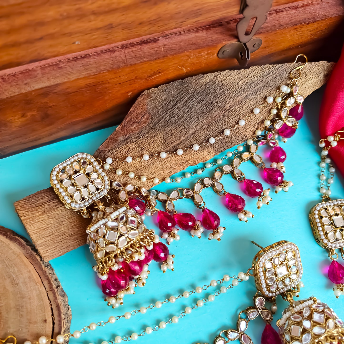 Mohika Mirror Jhumka Earrings with Sahara & Tika Set - Magenta Pink