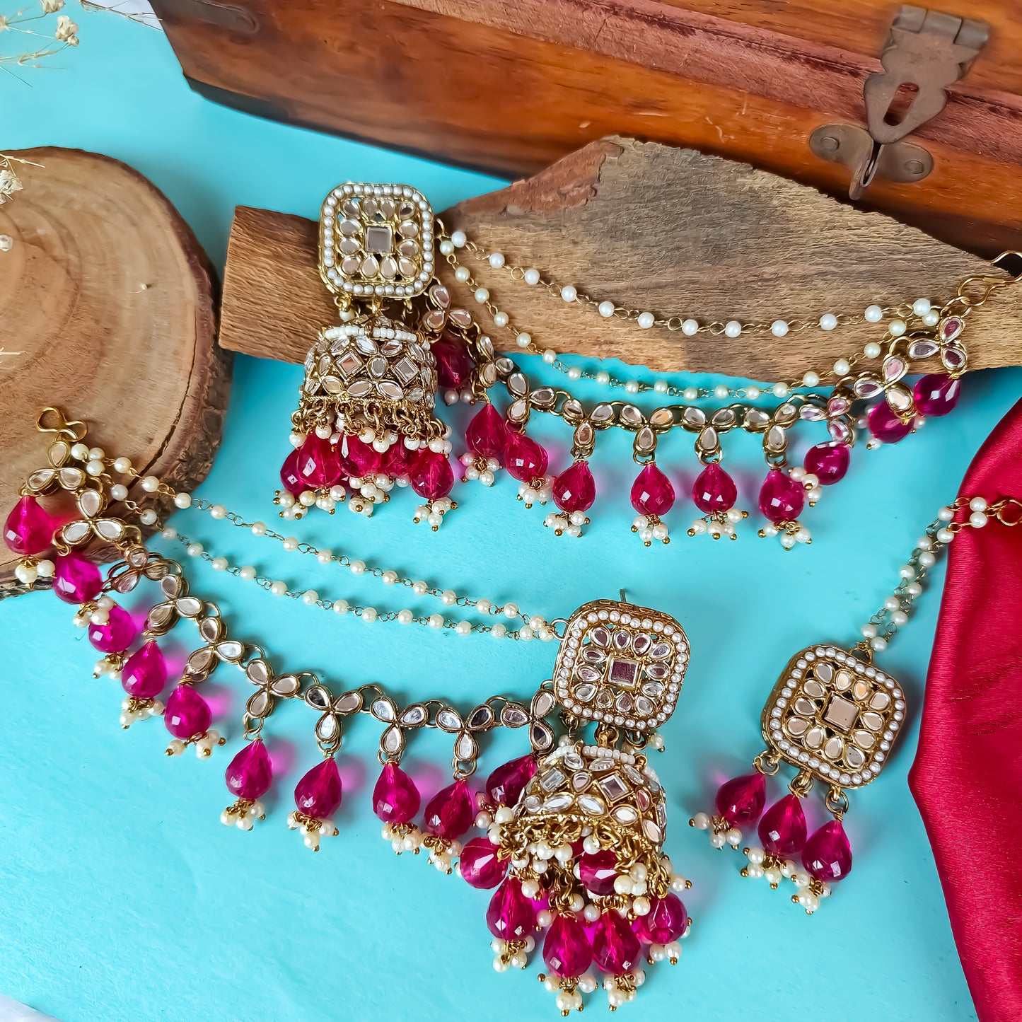 Mohika Mirror Jhumka Earrings with Sahara & Tika Set - Magenta Pink