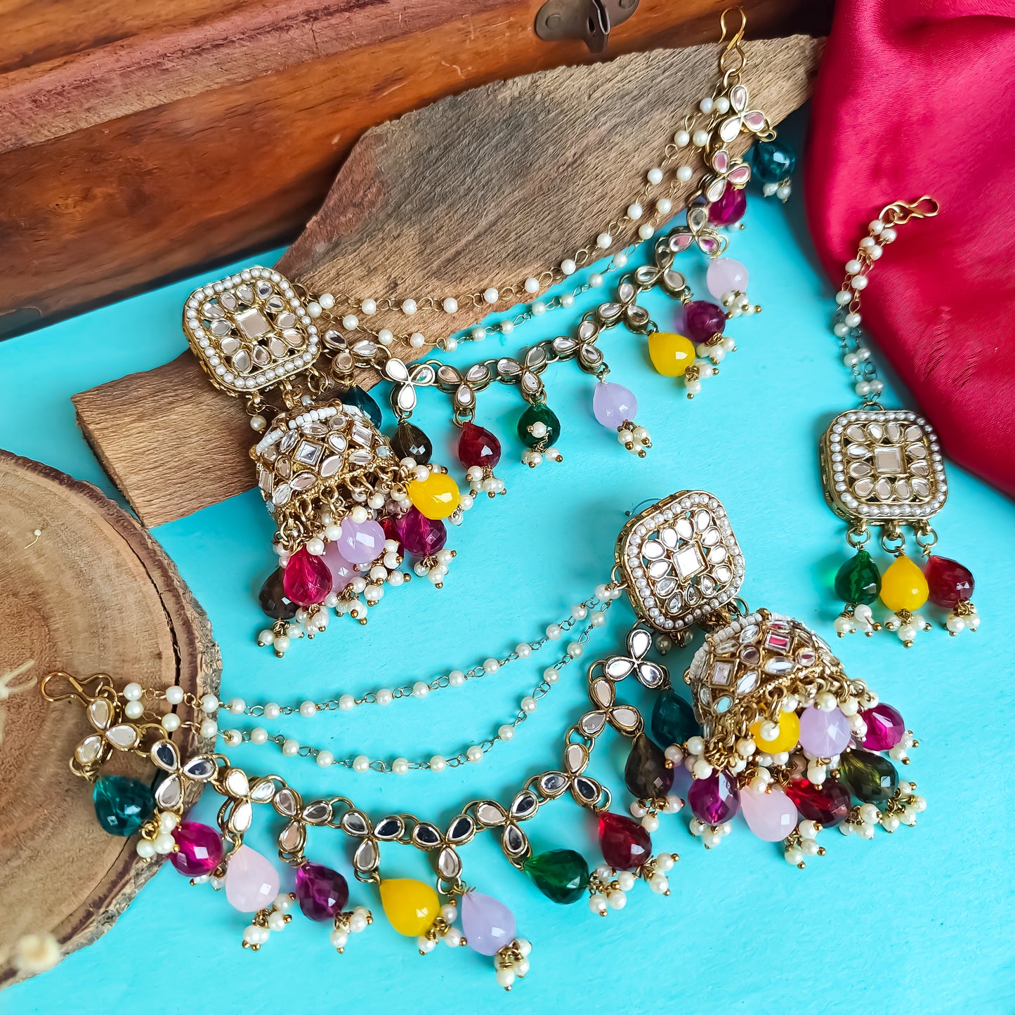 Mohika Mirror Jhumka Earrings with Sahara & Tika Set - Multi