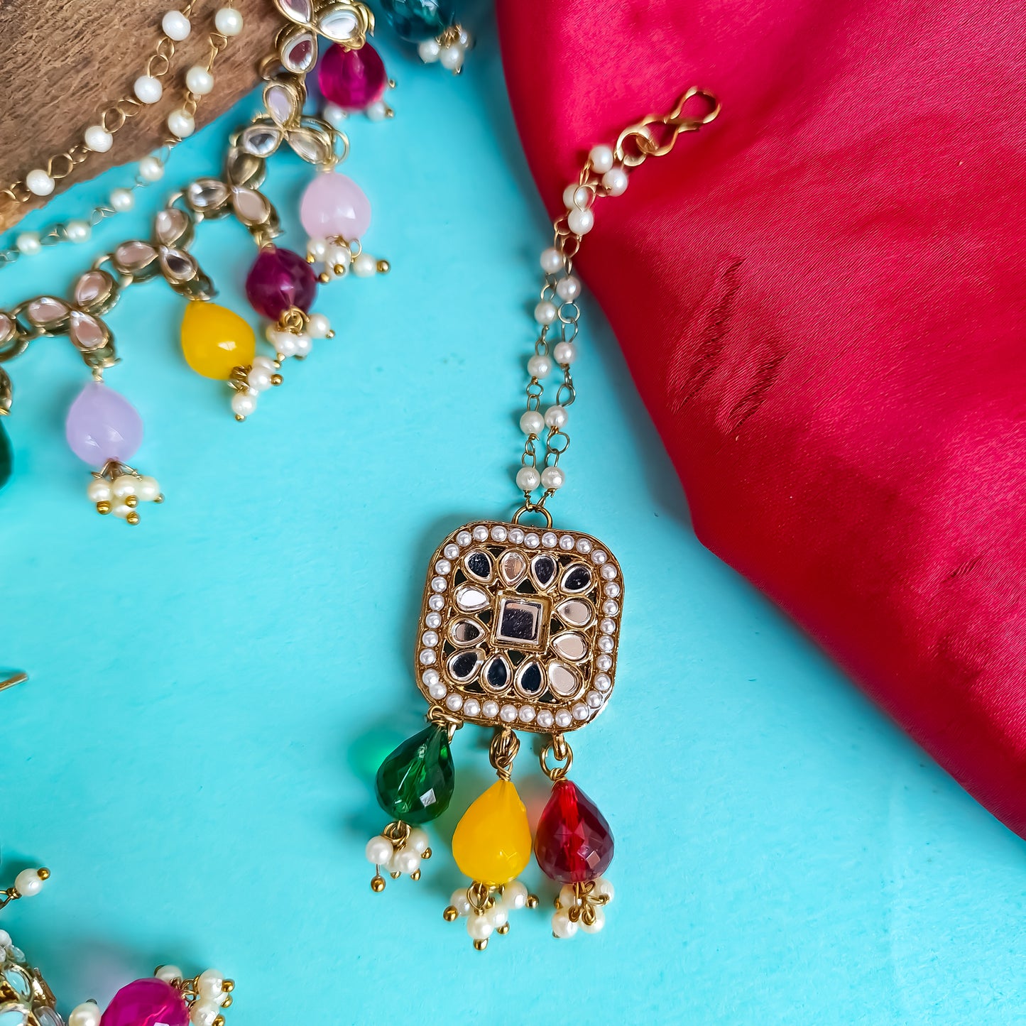 Mohika Mirror Jhumka Earrings with Sahara & Tika Set - Multi