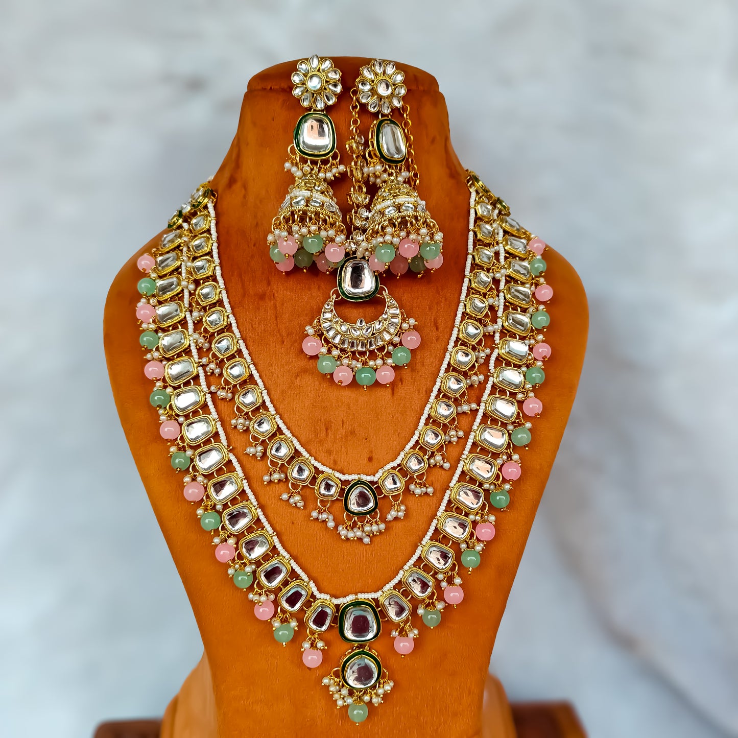 Deep Double layer Kundan Necklace Set - Pastel Pink & Green