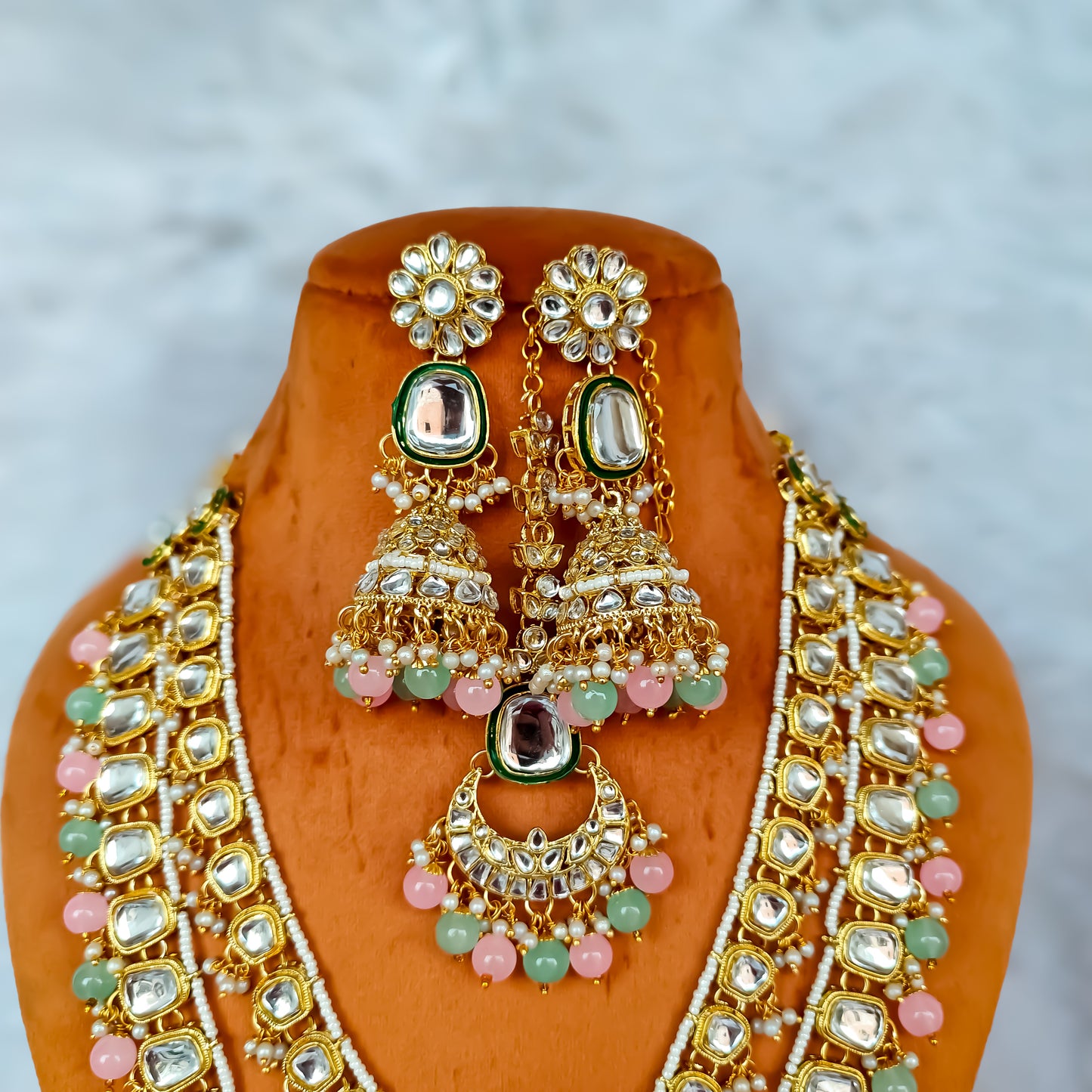 Deep Double layer Kundan Necklace Set - Pastel Pink & Green