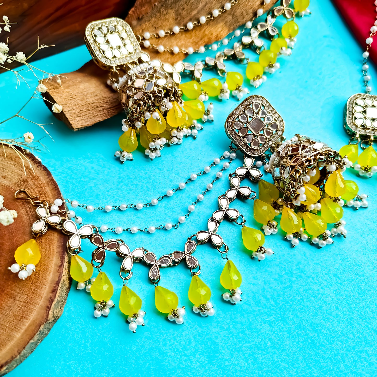 Mohika Mirror Jhumka Earrings with Sahara & Tika Set - Yellow