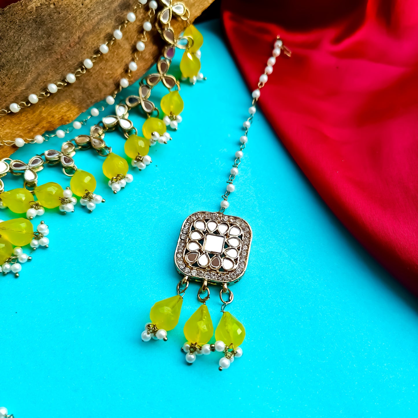 Mohika Mirror Jhumka Earrings with Sahara & Tika Set - Yellow