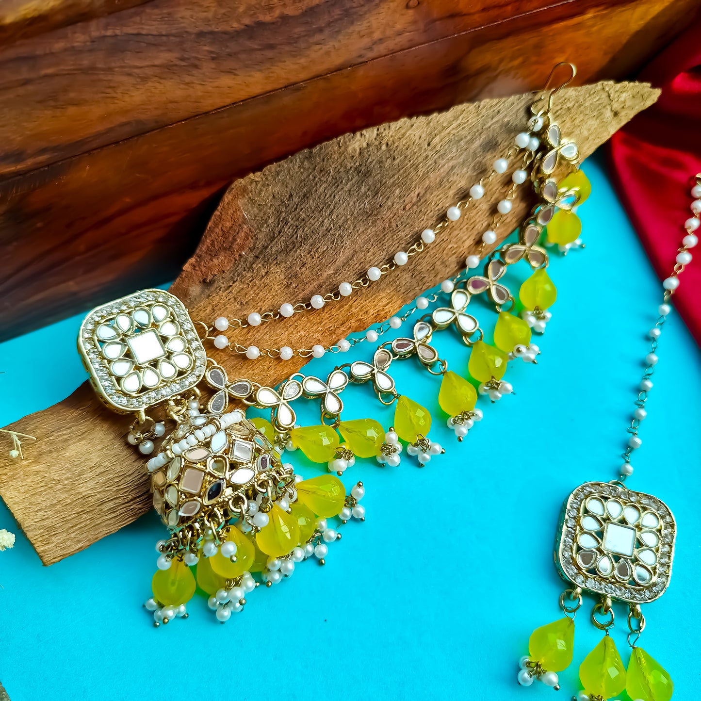 Mohika Mirror Jhumka Earrings with Sahara & Tika Set - Yellow