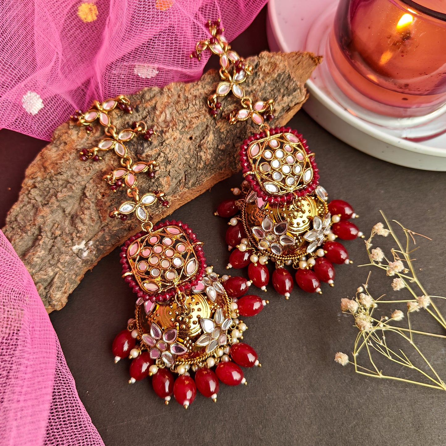 Kanak Jhumka Earrings with Sahara - Maroon