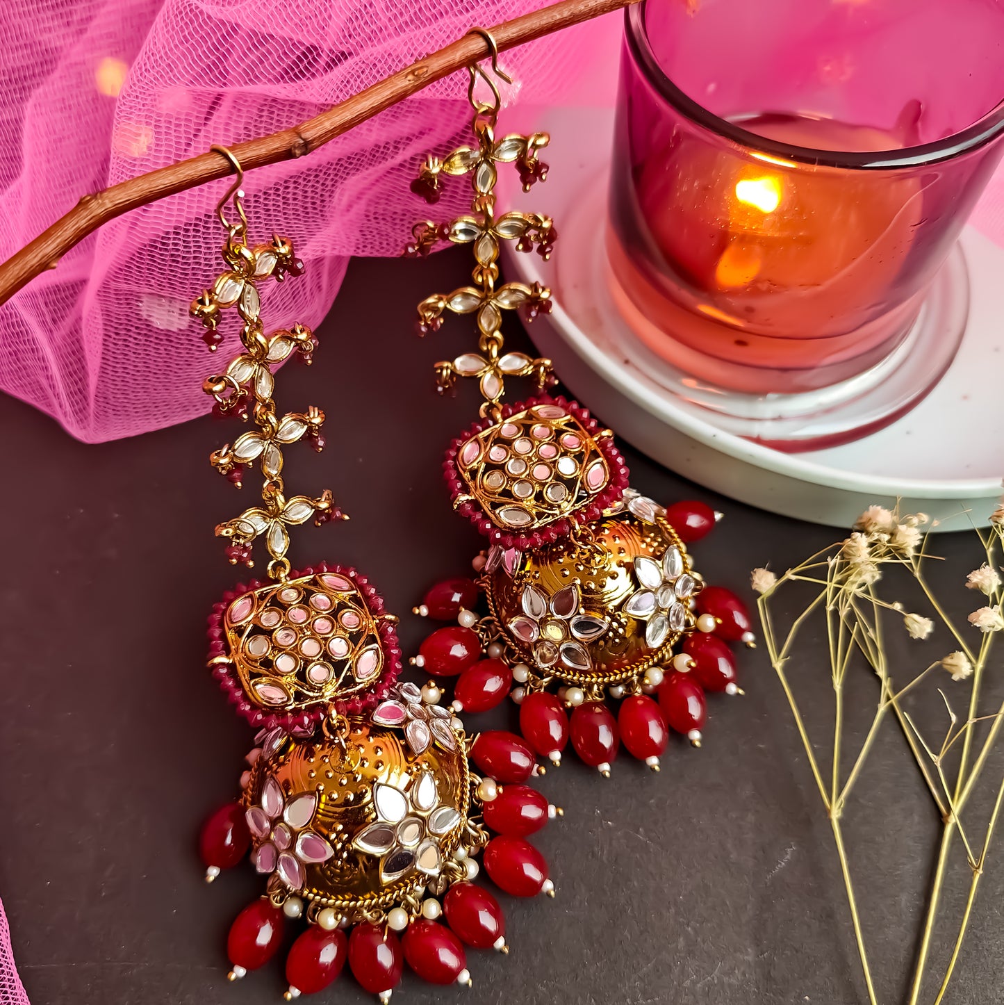 Kanak Jhumka Earrings with Sahara - Maroon