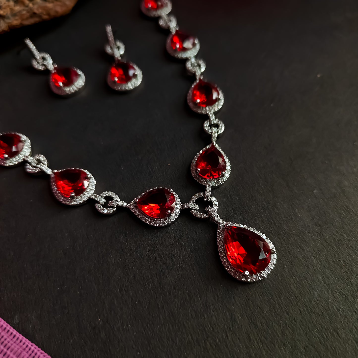 Kristine Premium American Diamond Necklace Set- Red