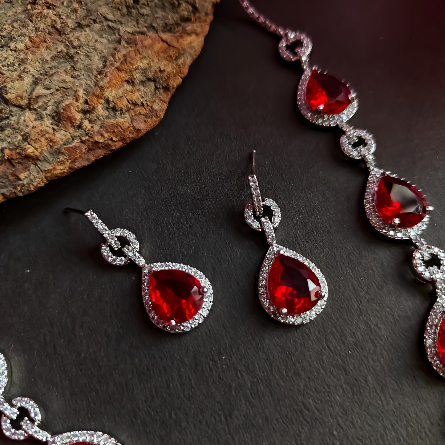 Kristine Premium American Diamond Necklace Set- Red