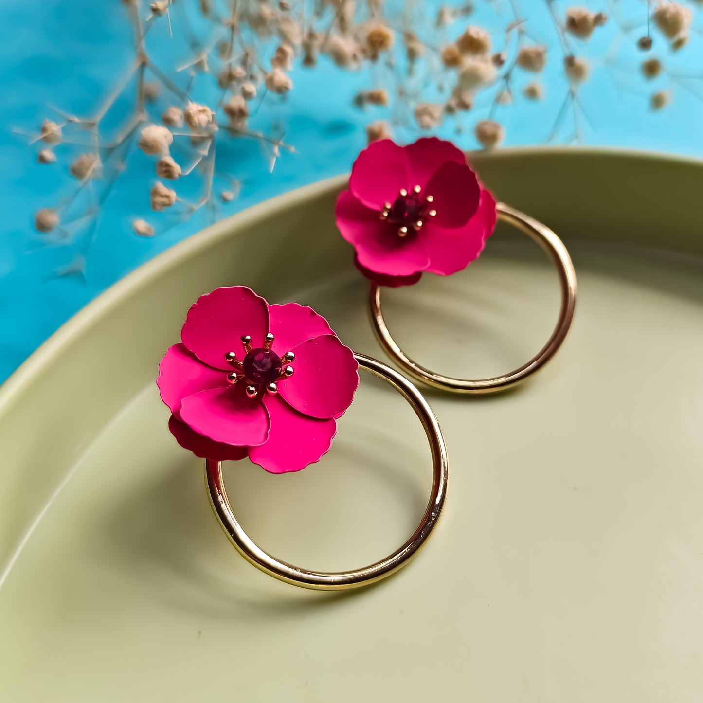 Korean Floral Hoop Earrings-Hot Pink