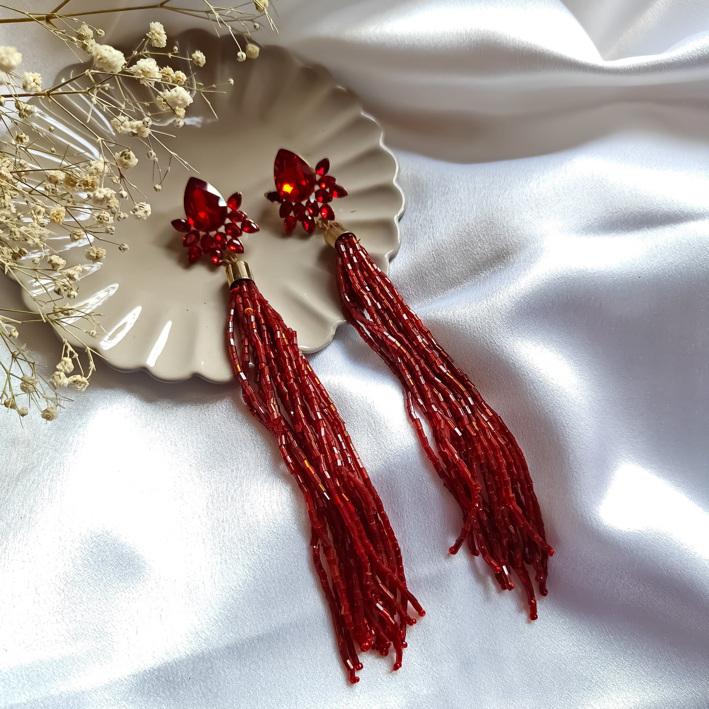 Tina Crystal Tassle Earrings Red