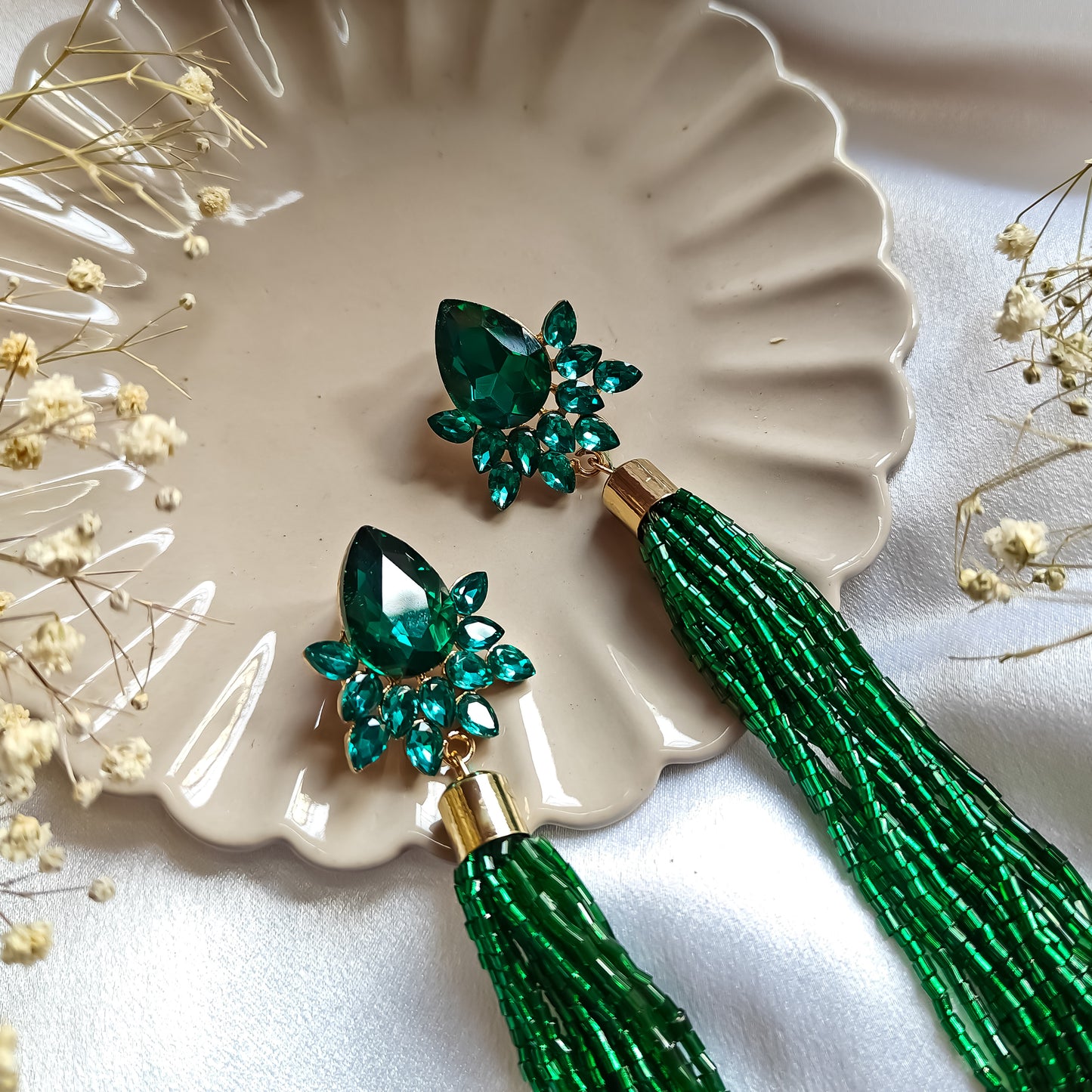 Tina Crystal Tassle Earrings Green