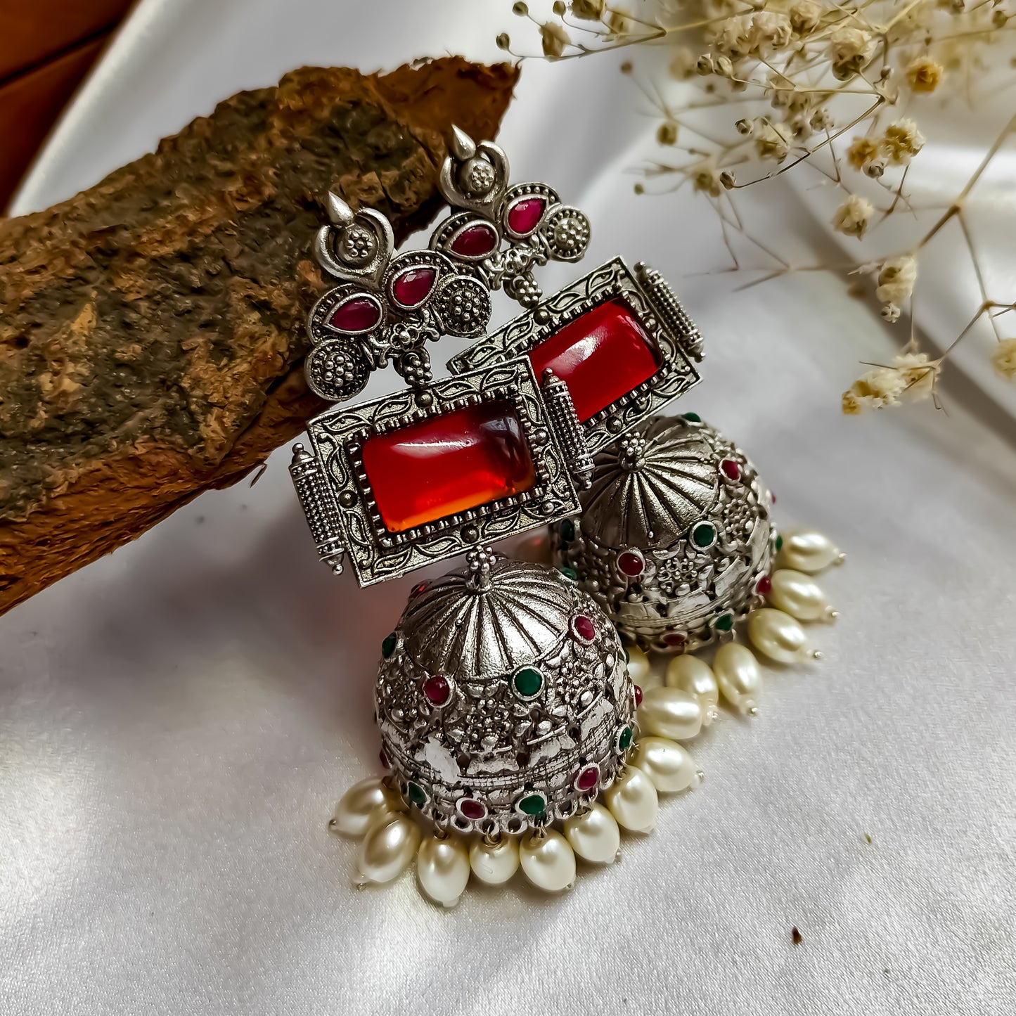 Shifat Silver Plated Brass Jhumka Earrings (Monalisa Stones)- Green & Red