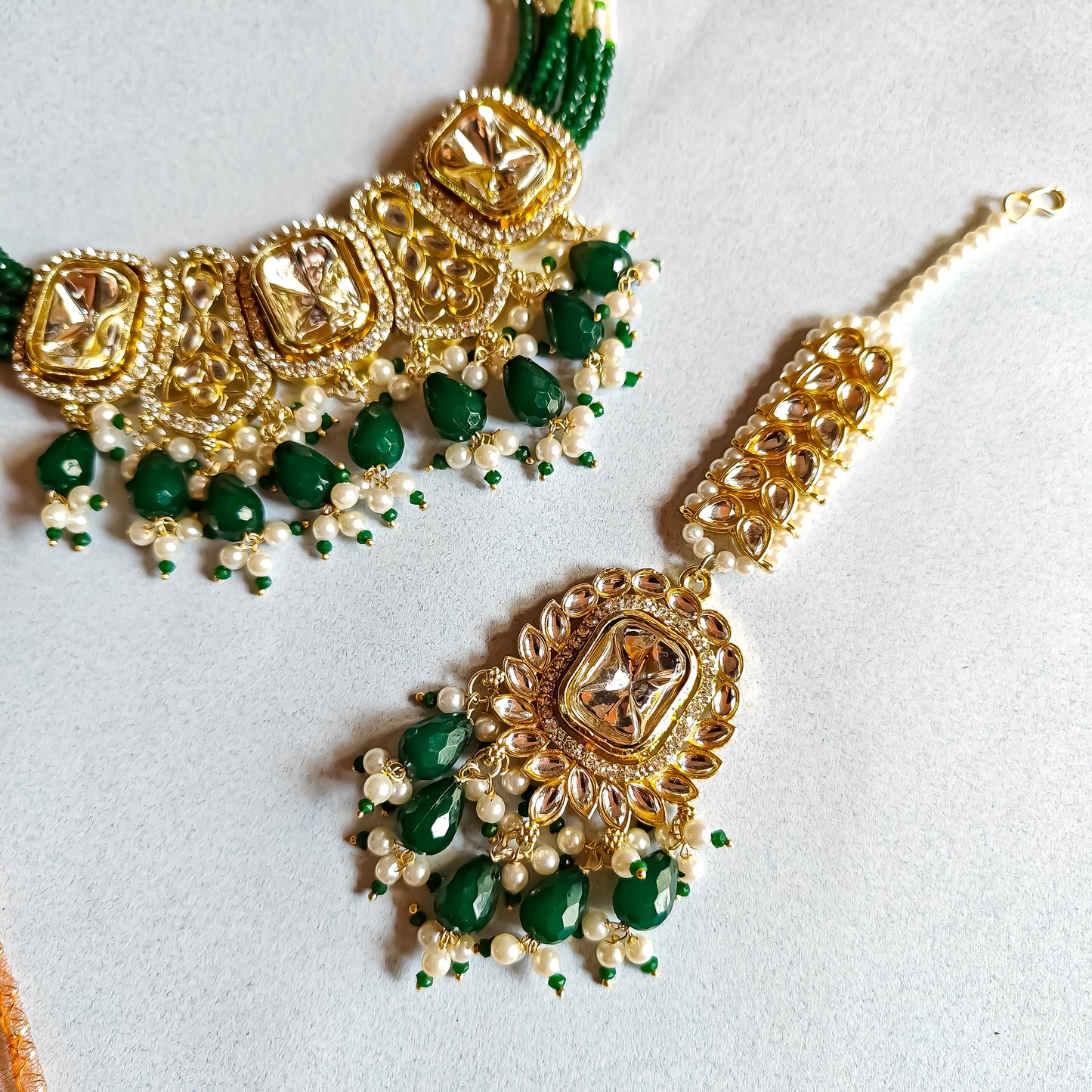 Sumer Polki Ad Necklace Set- Green
