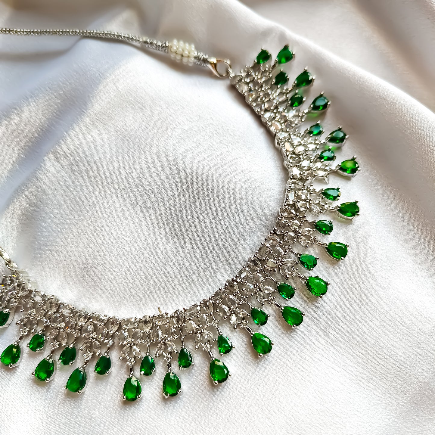Jeniffer (American Diamond) AD Necklace Set with Teeka & Chandbali Earrings - Green
