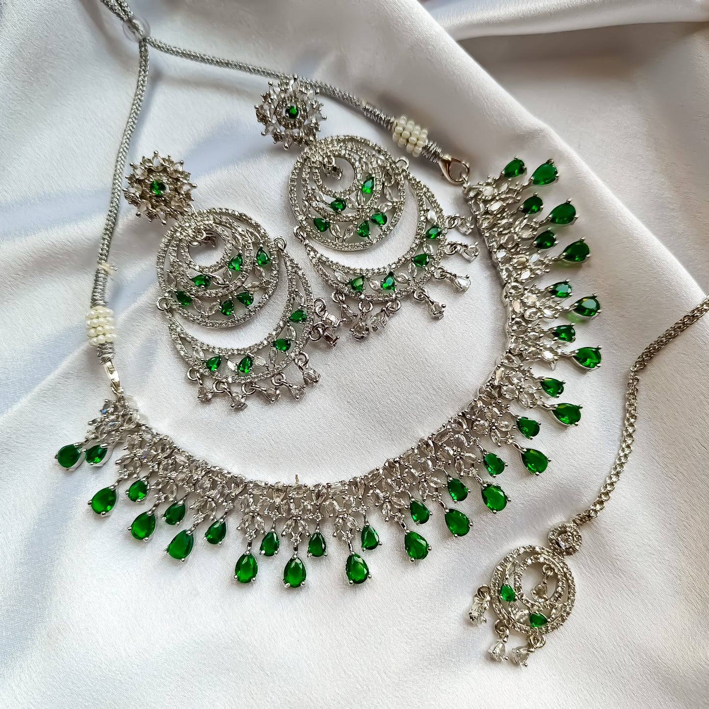 Jeniffer (American Diamond) AD Necklace Set with Teeka & Chandbali Earrings - Green