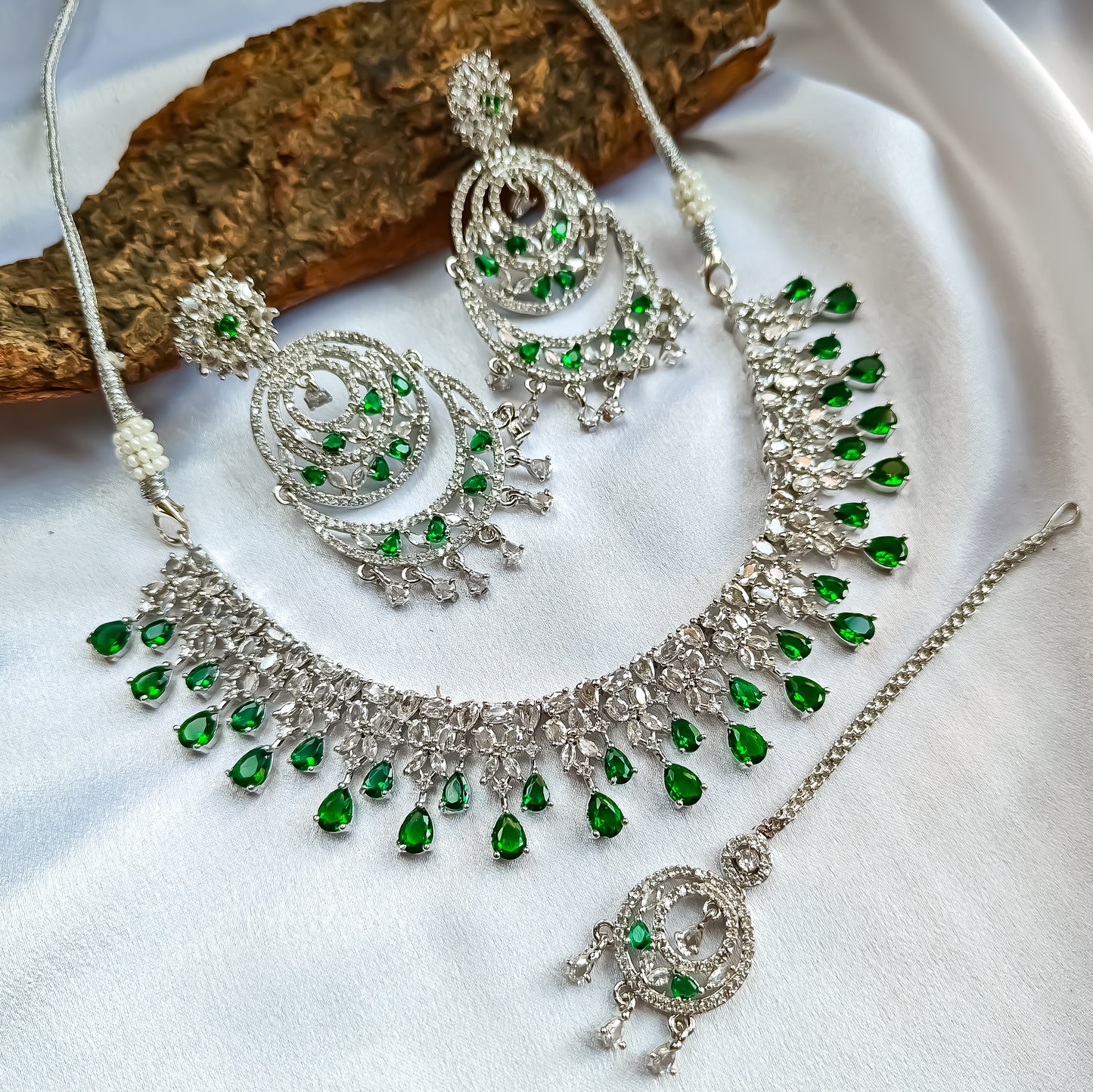 Jeniffer (American Diamond) AD Necklace Set with Teeka & Chandbali Earrings - Green