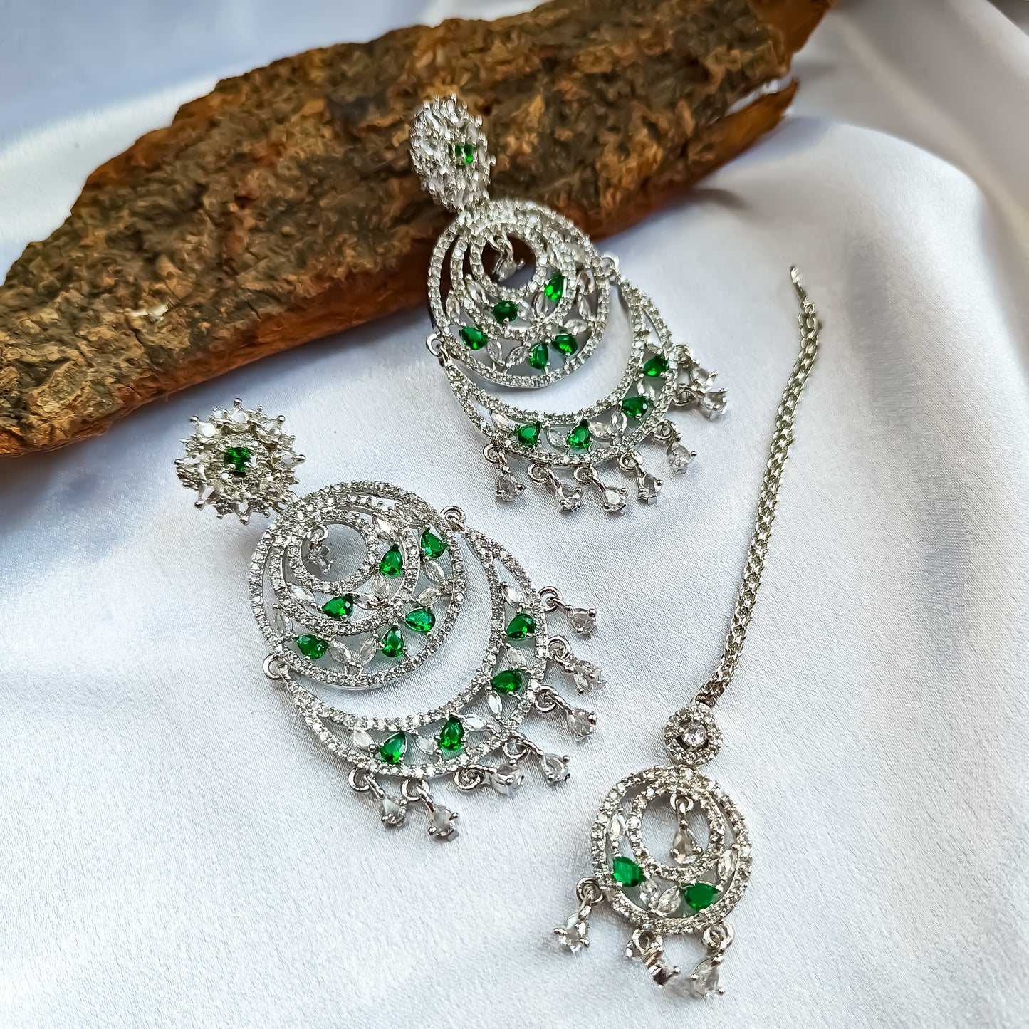 Jeniffer (American Diamond) AD Necklace Set with Teeka & Chandbali Earrings - Green