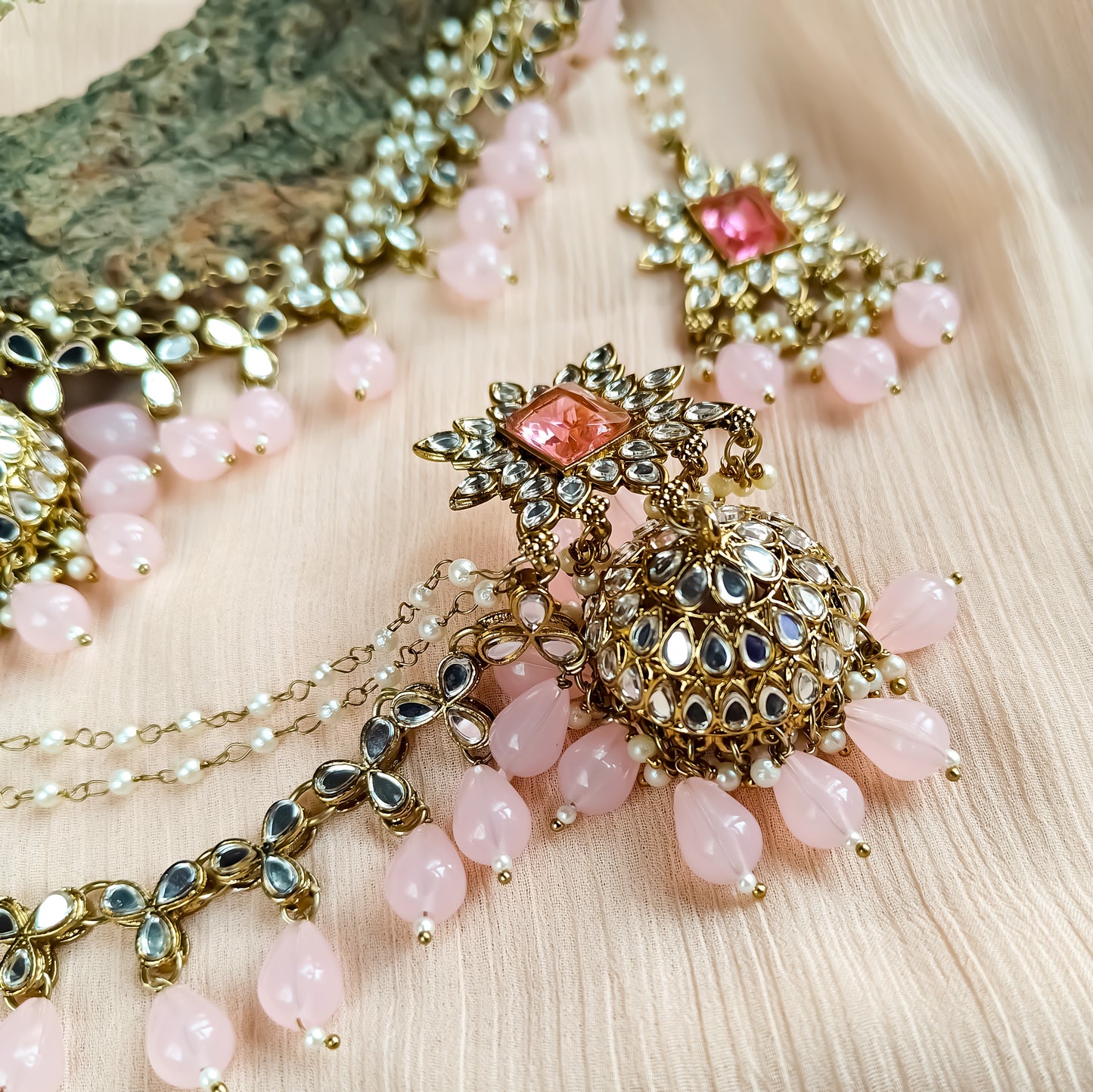 Manavi Mirror Jhumka with Teeka & Sahara- Baby Pink