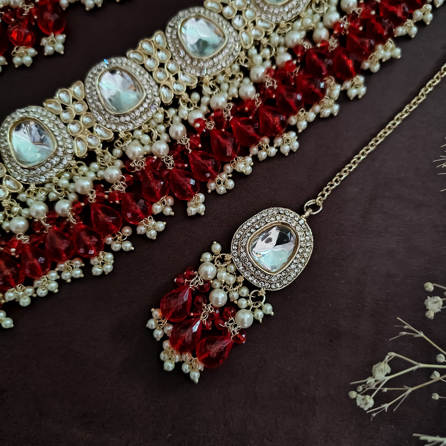 Anika Pearl Necklace Set - Red