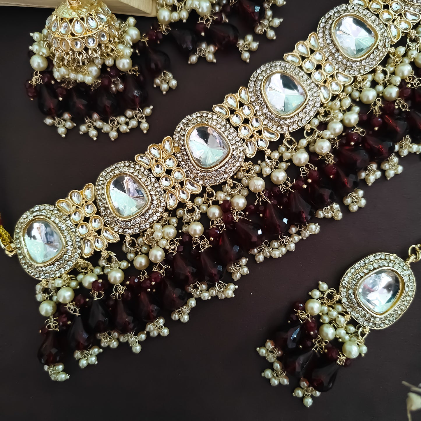 Anika Pearl Necklace Set - Maroon