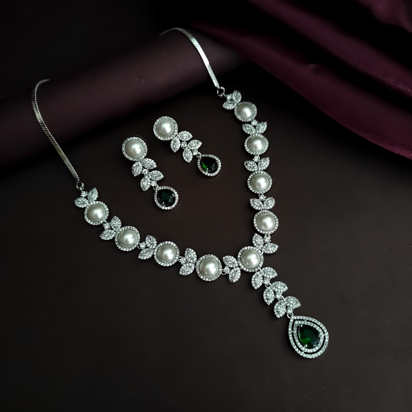 Lisha American Diamond Necklace Set - Emerald Green