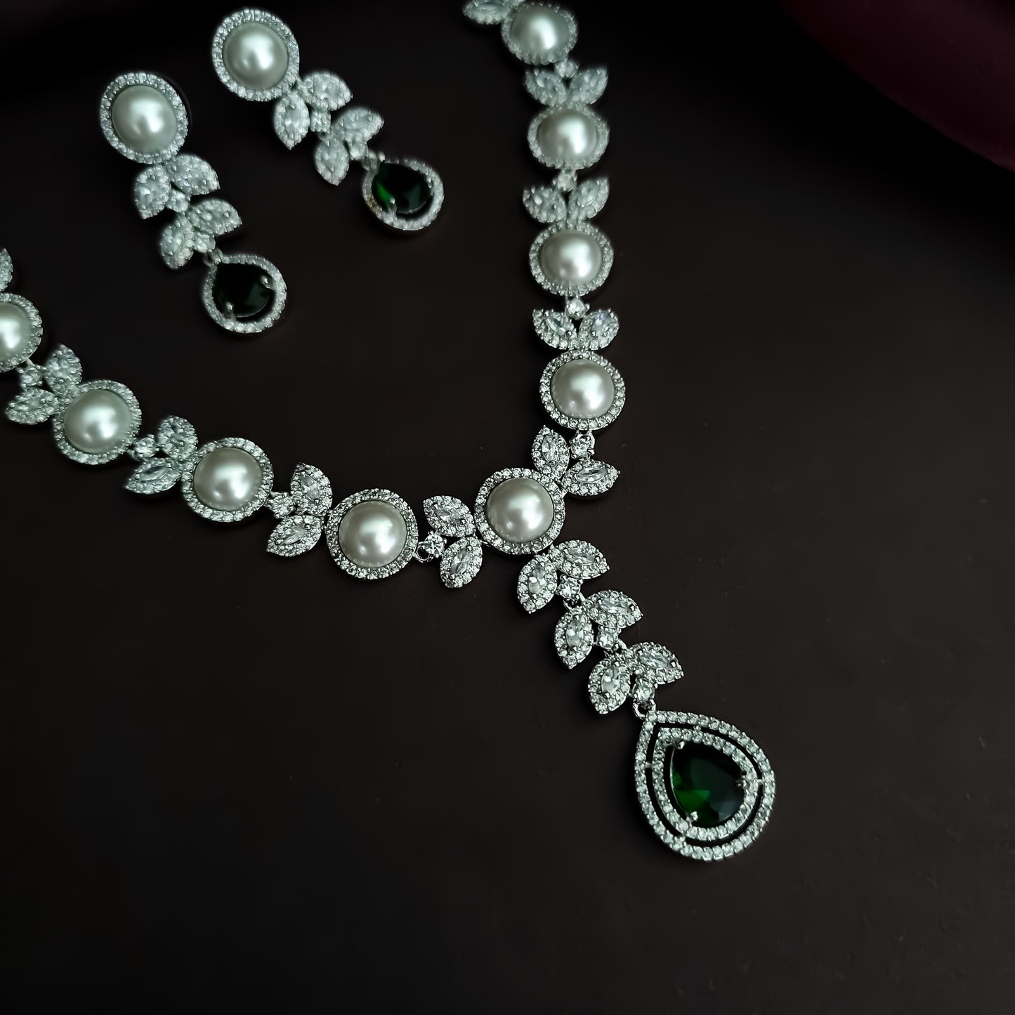Lisha American Diamond Necklace Set - Emerald Green