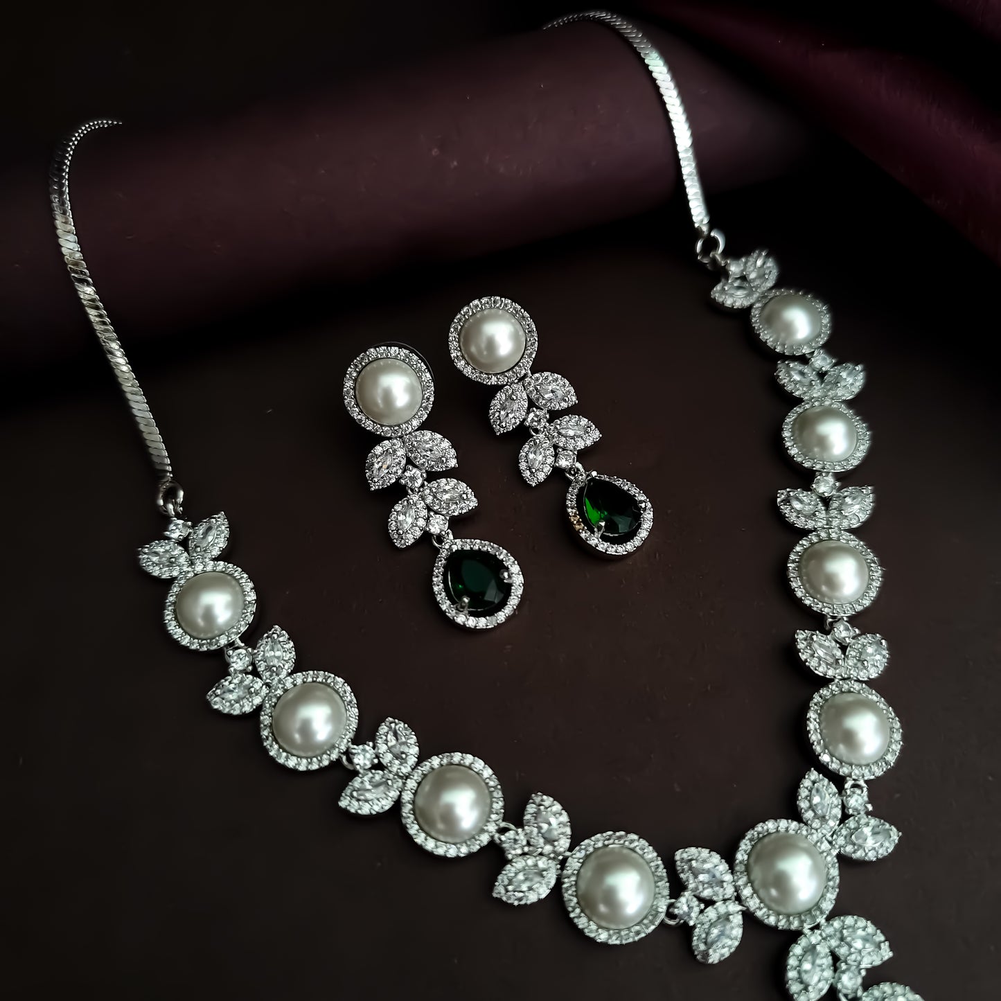Lisha American Diamond Necklace Set - Emerald Green