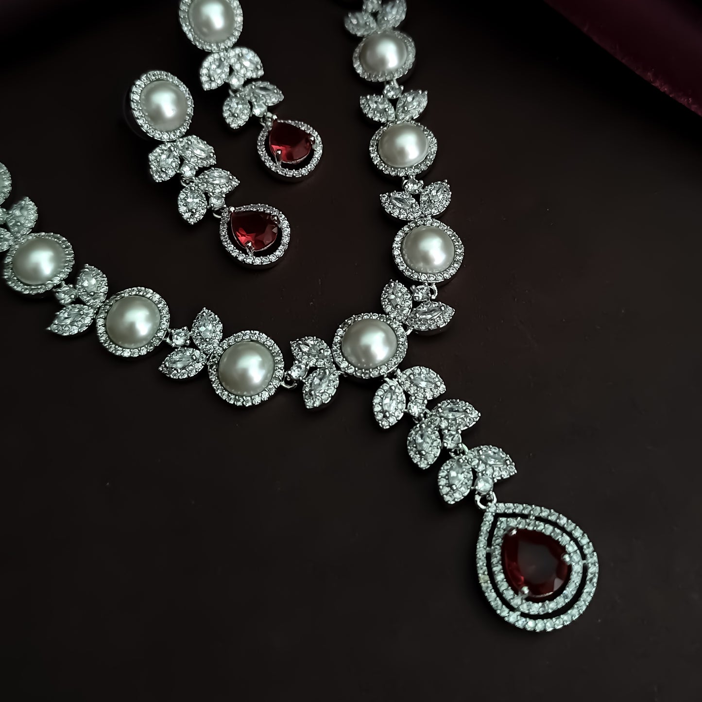 Lisha American Diamond Necklace Set - Ruby Red