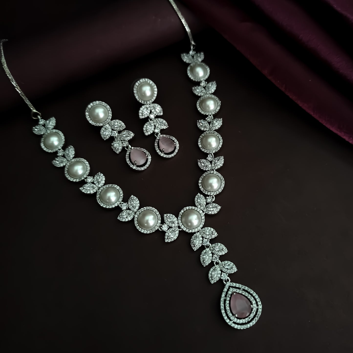 Lisha American Diamond Necklace Set - Pastel Pink