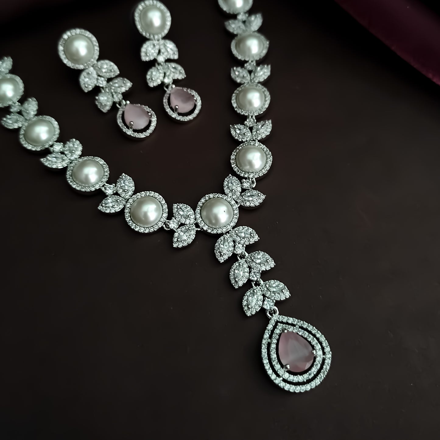 Lisha American Diamond Necklace Set - Pastel Pink