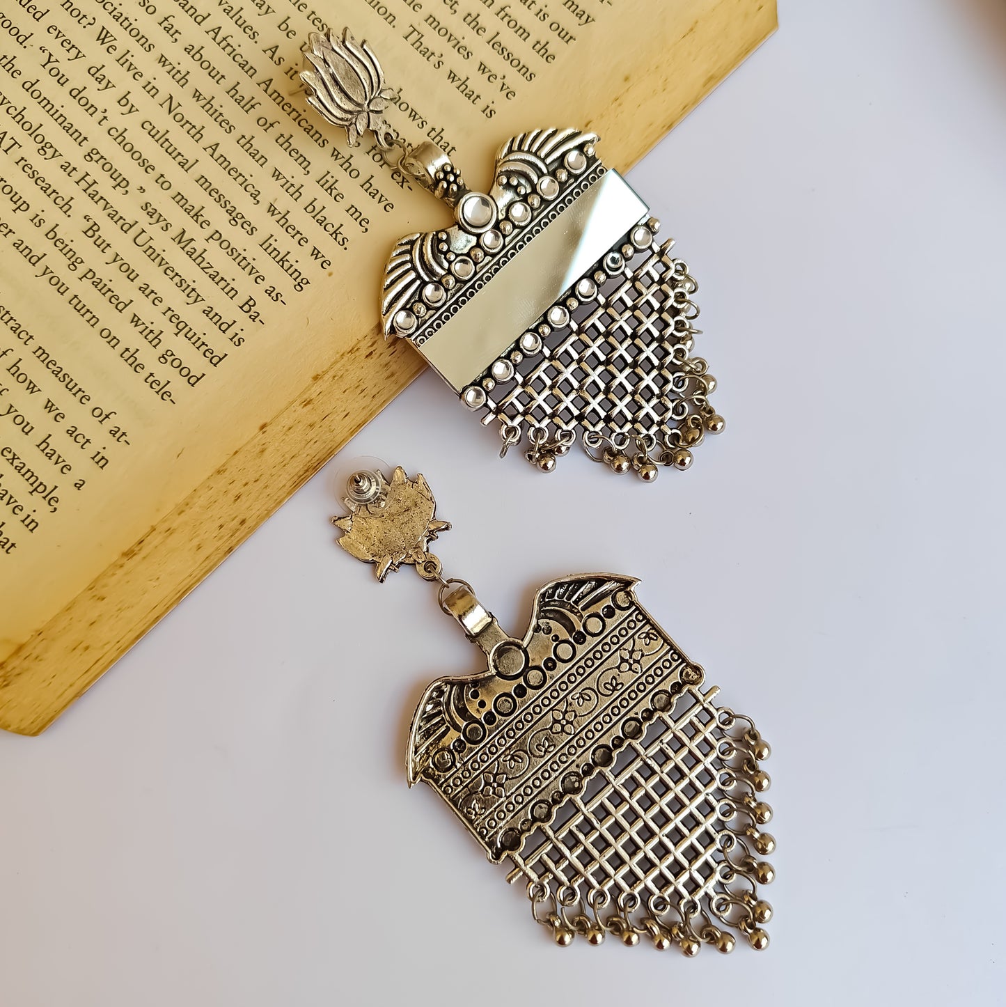 Lotus Mirror Silver Oxidised Dangler Earrings