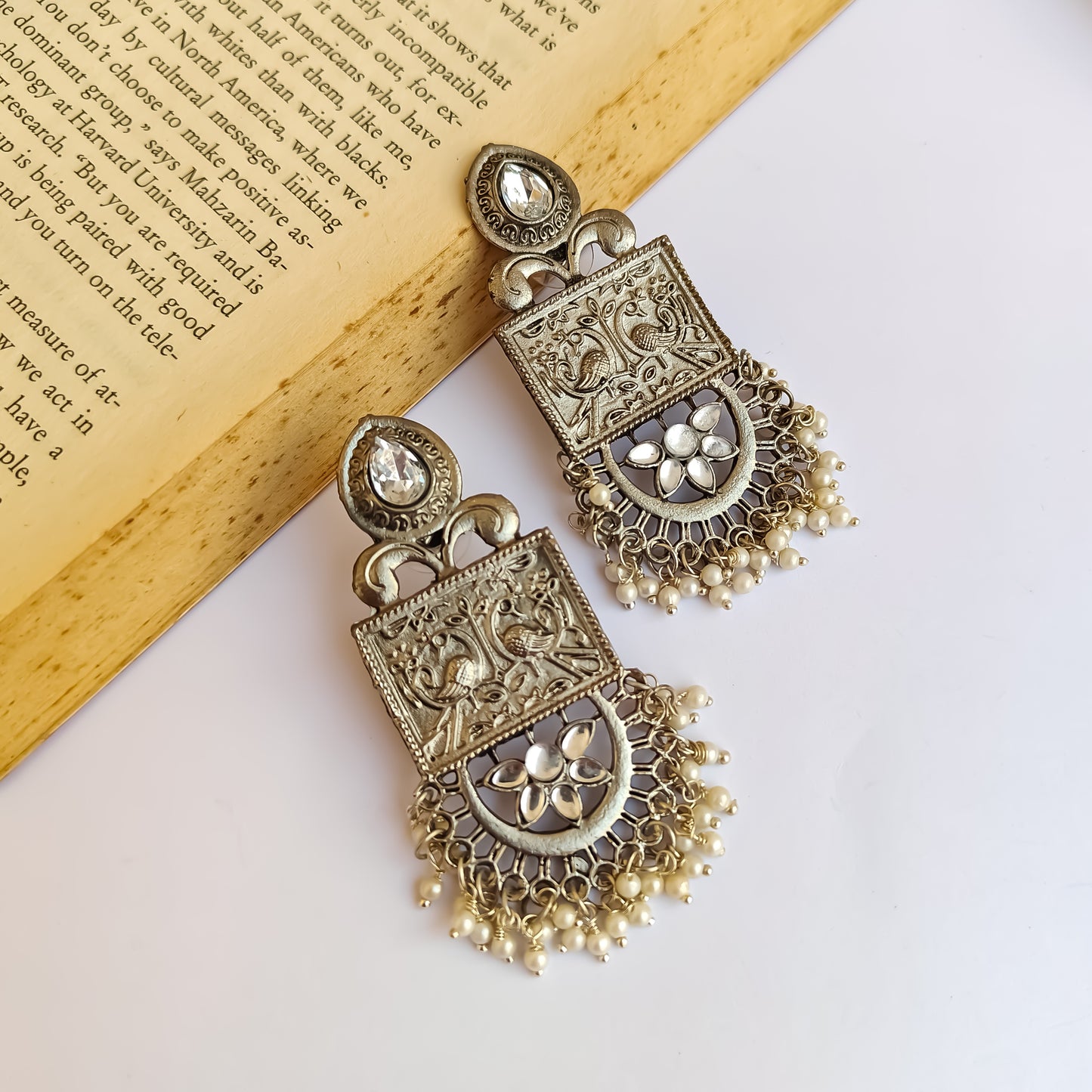 Payal Motif Silver Oxidised Chandbali Earrings
